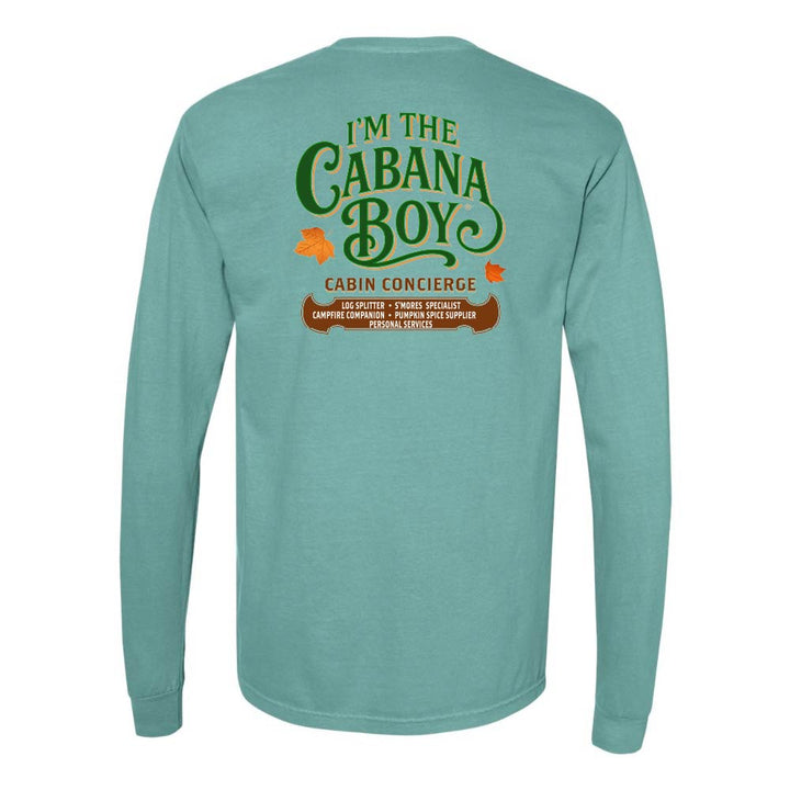 Teal long-sleeve shirt with 'I'm the Cabana Boy' text on the back against a white background