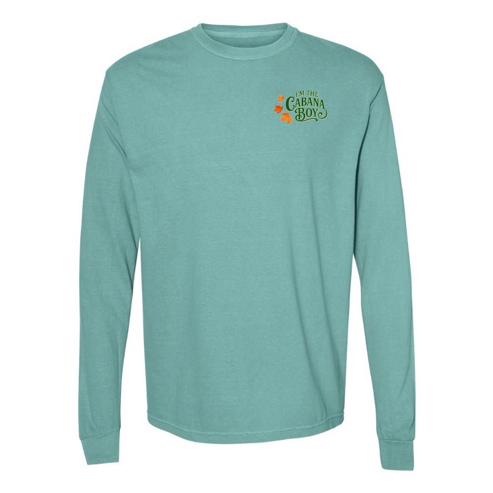 Teal long-sleeve shirt with a logo on the chest against a white background