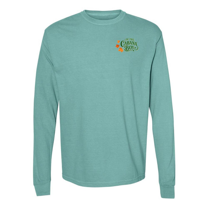 Teal long-sleeve shirt with a logo on the chest against a white background