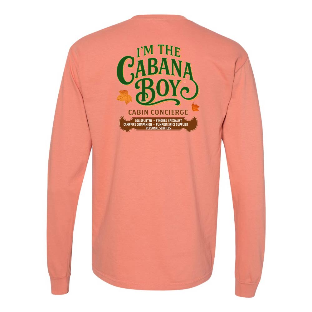 Peach long-sleeve shirt with green text 'I'm the Cabana Boy' on a white background