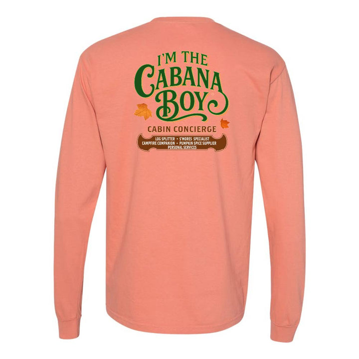 Peach long-sleeve shirt with green text 'I'm the Cabana Boy' on a white background