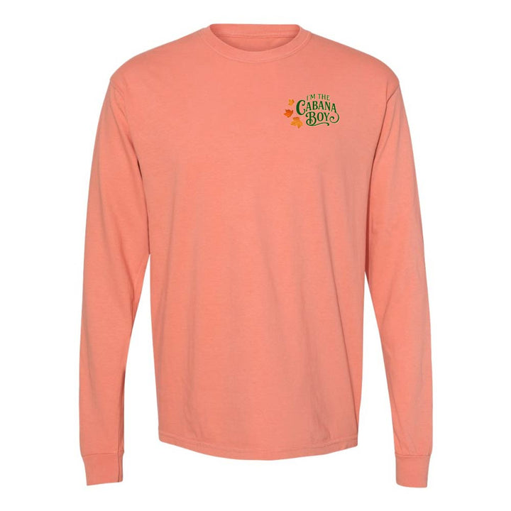 Peach long-sleeve shirt with a logo on the chest against a white background