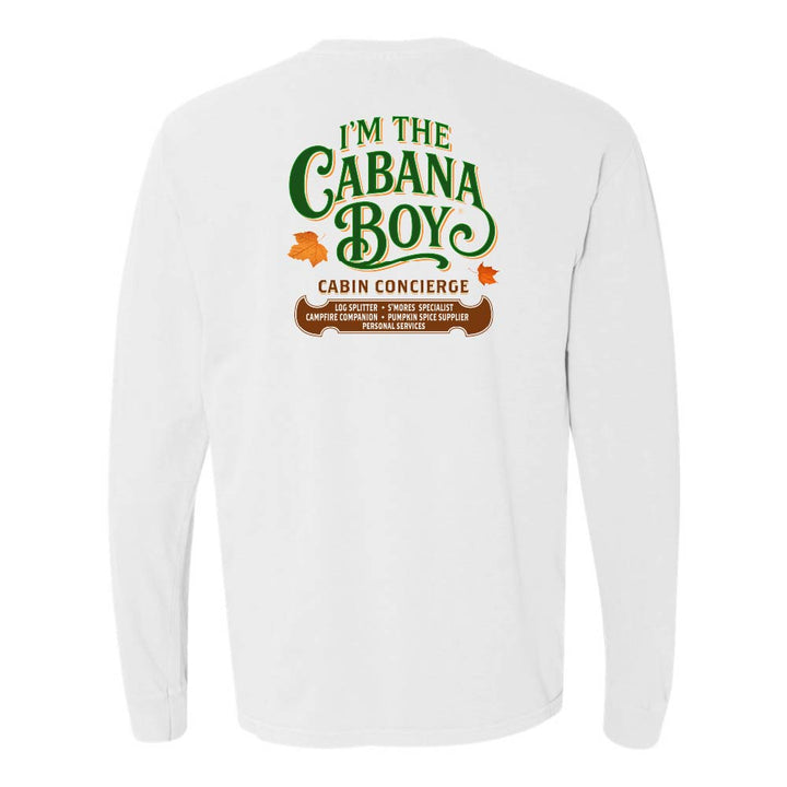 White long-sleeve shirt with green and brown text on a white background
