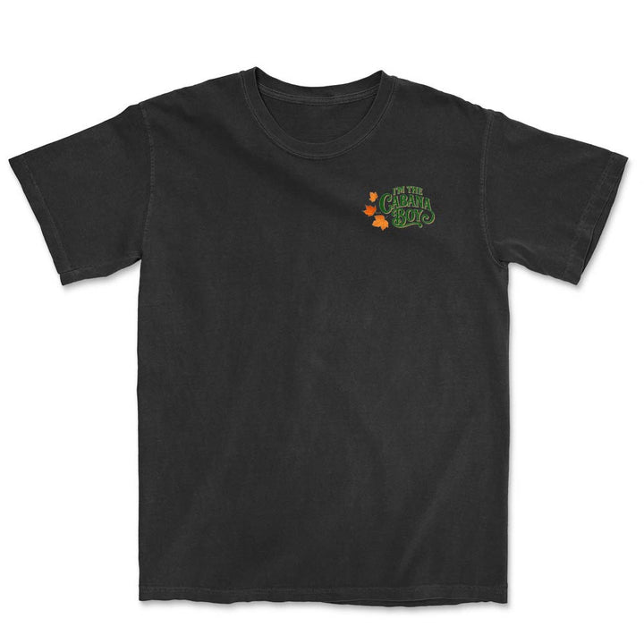 Black t-shirt with a small logo on the chest against a white background
