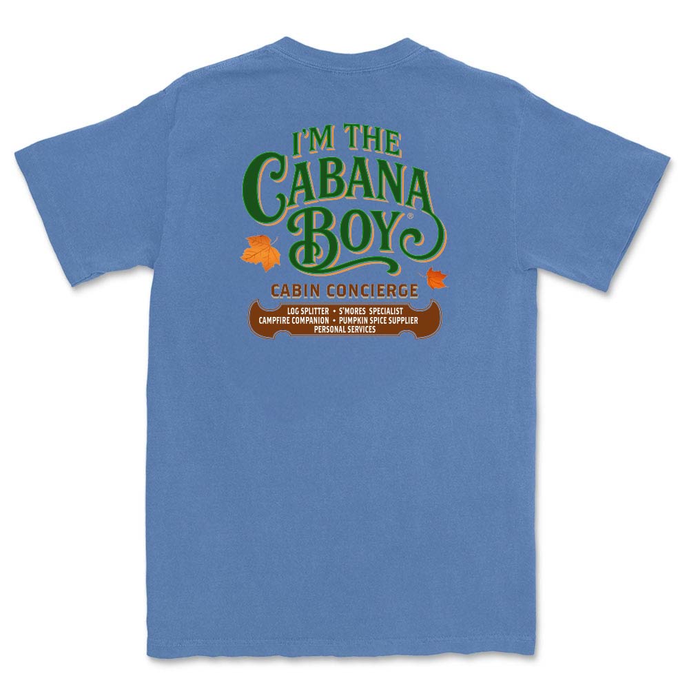Blue t-shirt with 'I'm the Cabana Boy' text on the back against a white background