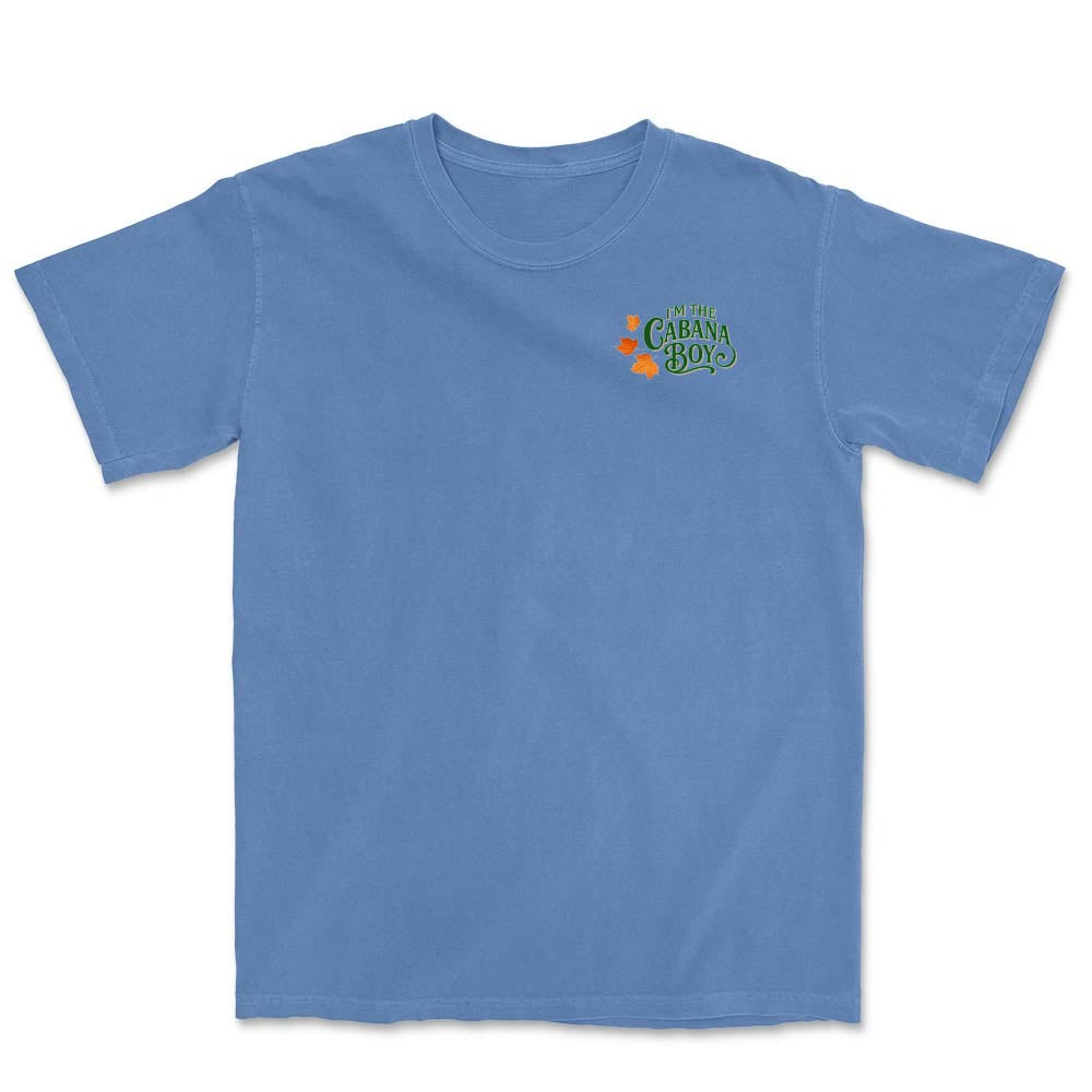 Blue t-shirt with a small logo on the chest against a white background