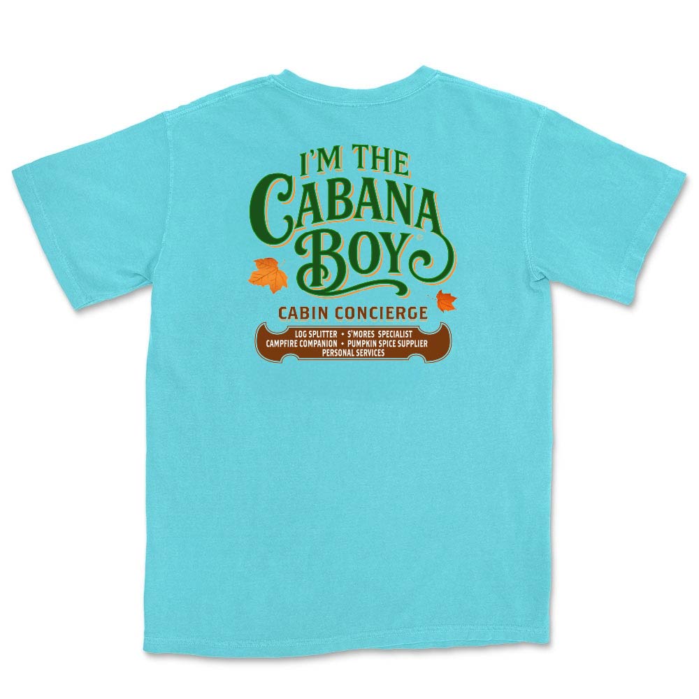 Light blue t-shirt with green and brown text on a white background