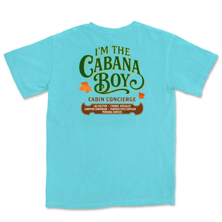 Light blue t-shirt with green and brown text on a white background