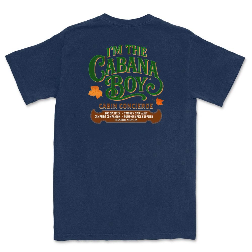 Navy blue t-shirt with 'I'm the Cabana Boy' text on the back against a white background
