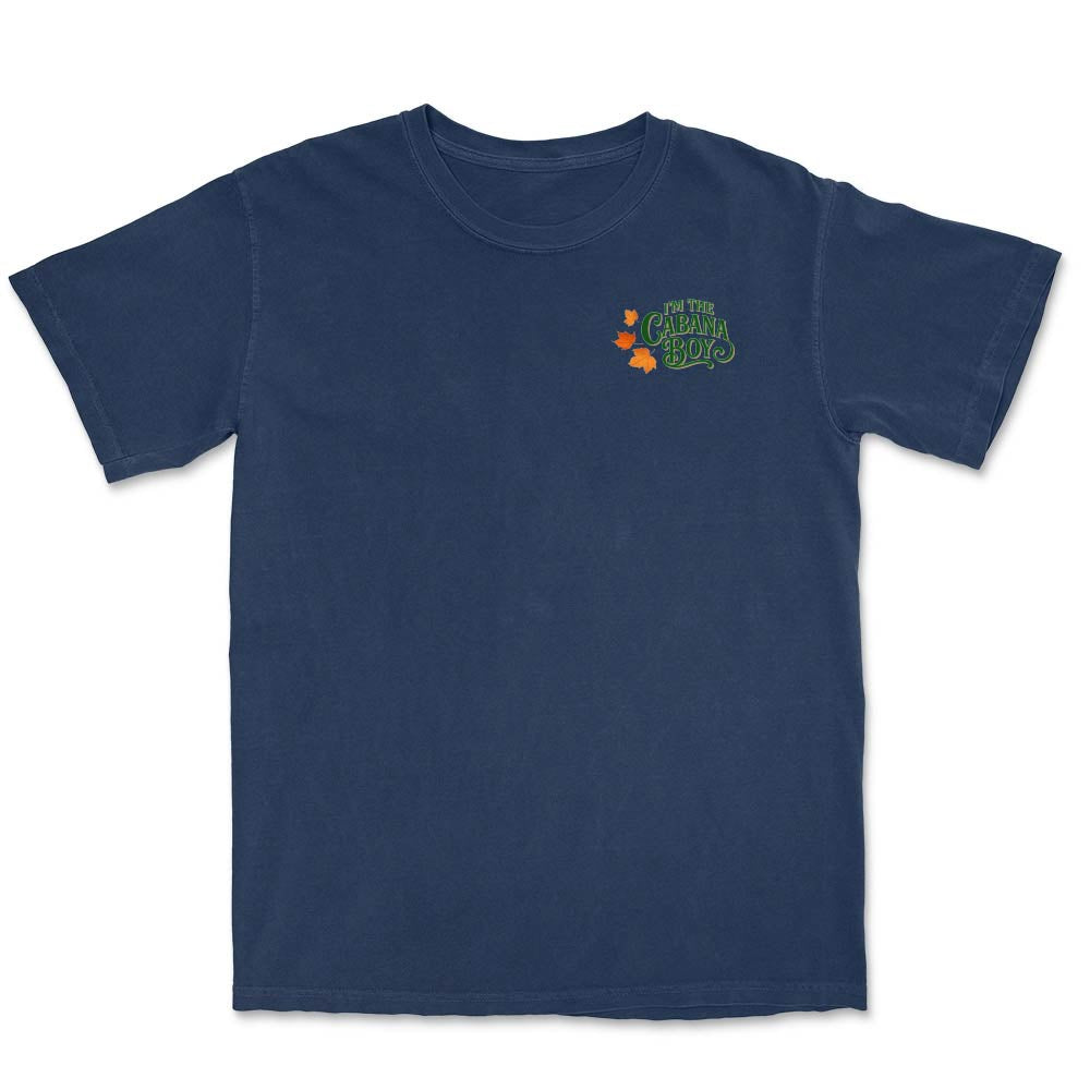 Navy blue t-shirt with a small graphic on the chest against a white background