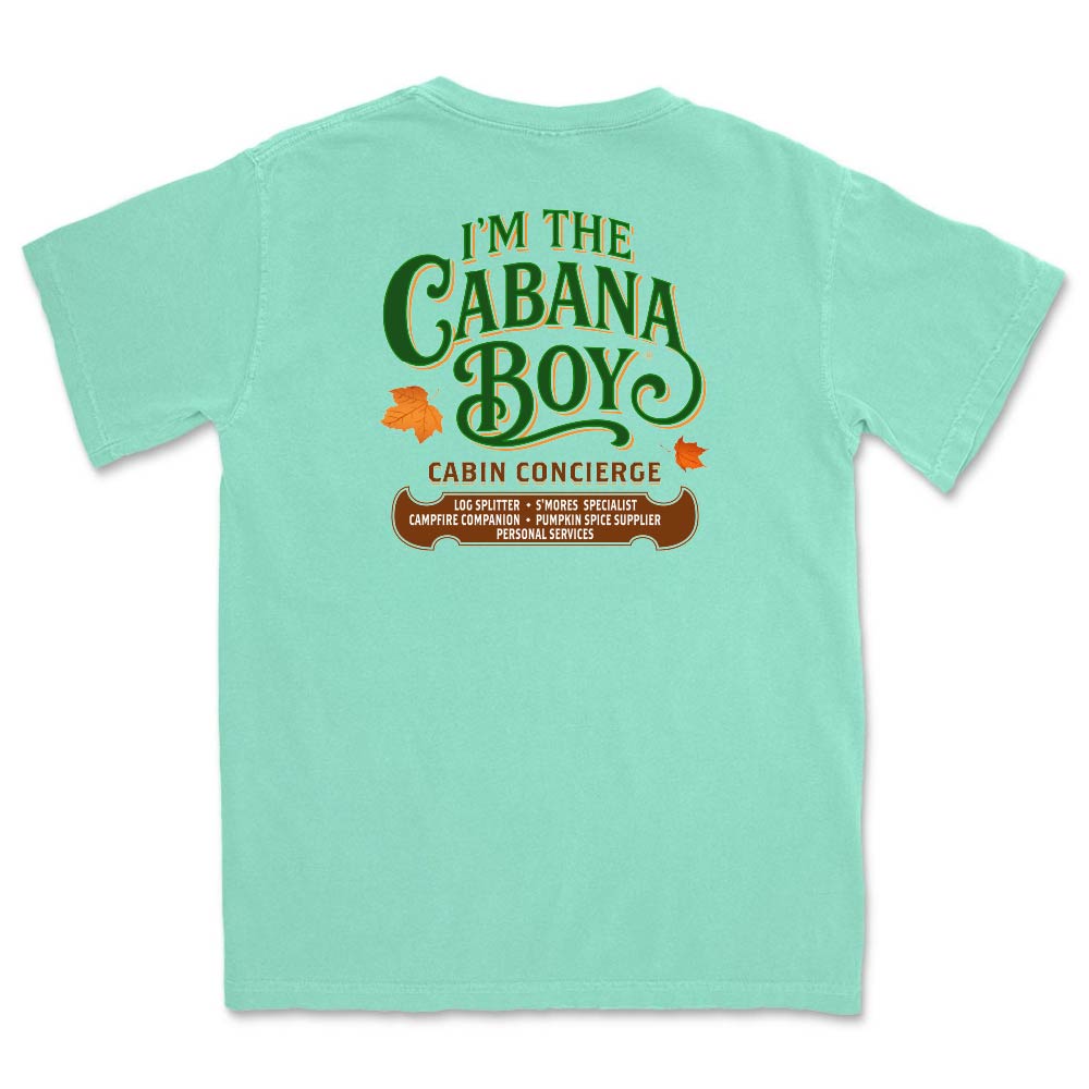 Light green t-shirt with green and brown text on the back on a white background