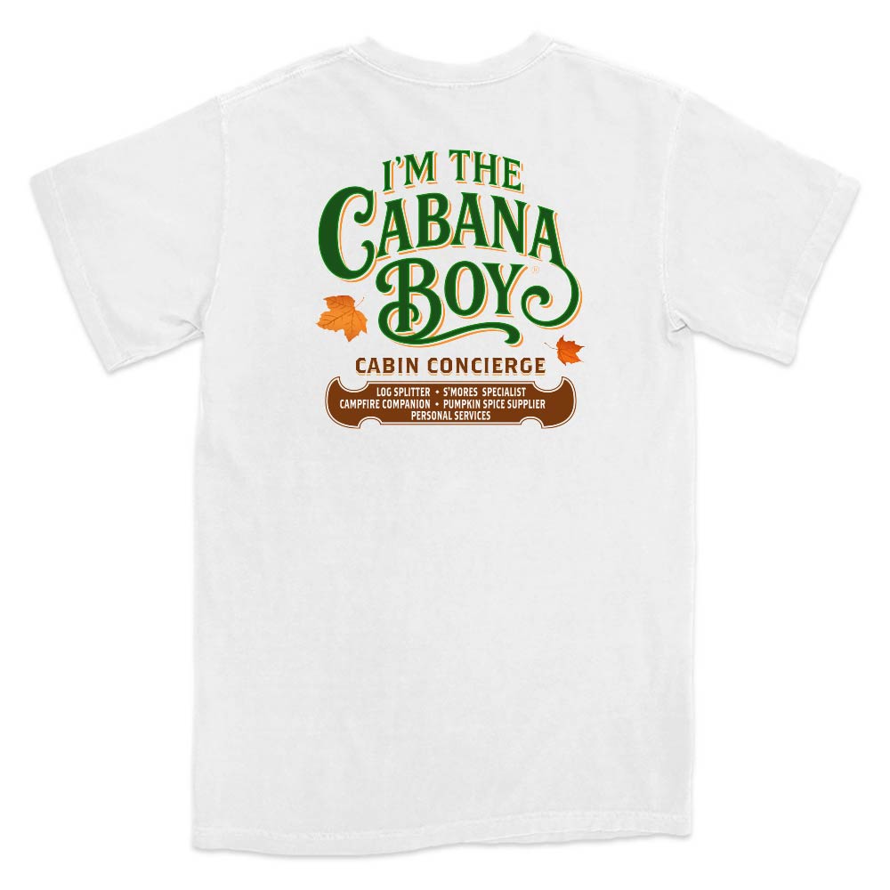 White t-shirt with 'I'm the Cabana Boy' graphic design on a white background