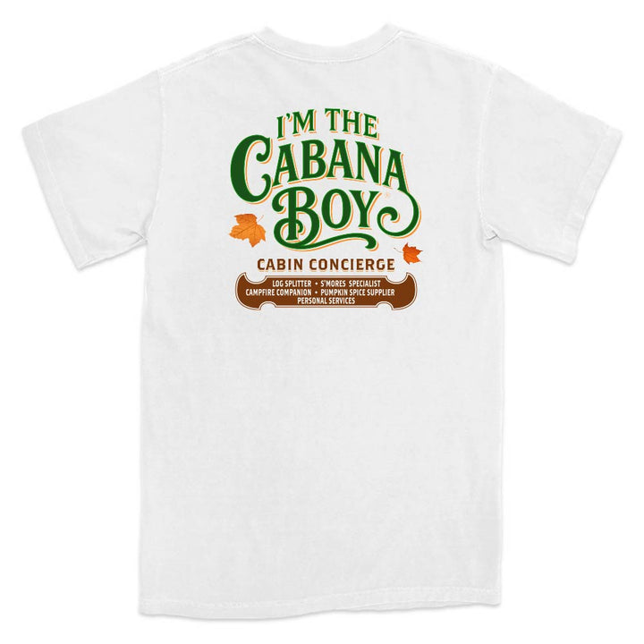 White t-shirt with 'I'm the Cabana Boy' graphic design on a white background