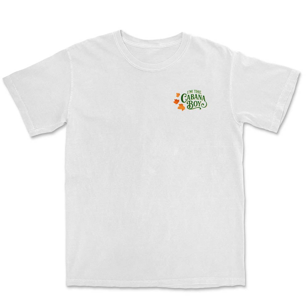 White t-shirt with a logo on the chest against a white background