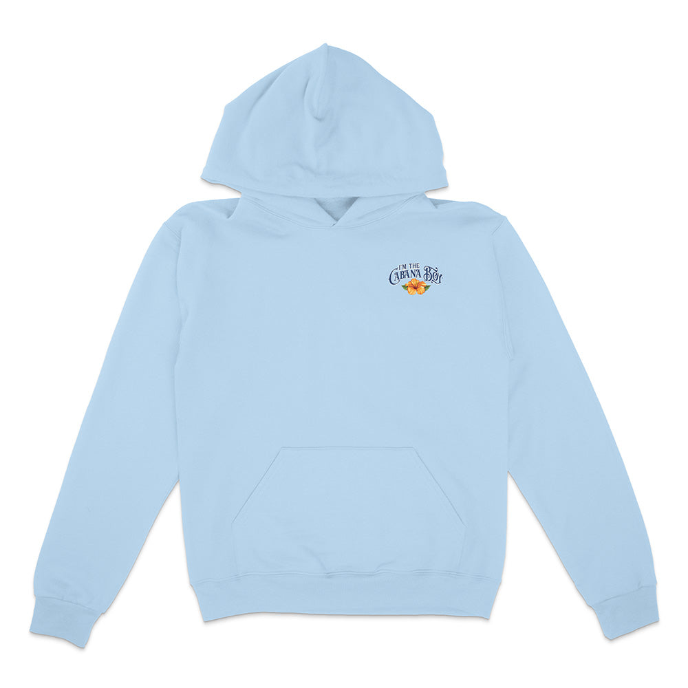 Light blue hoodie with a logo on the chest against a white background