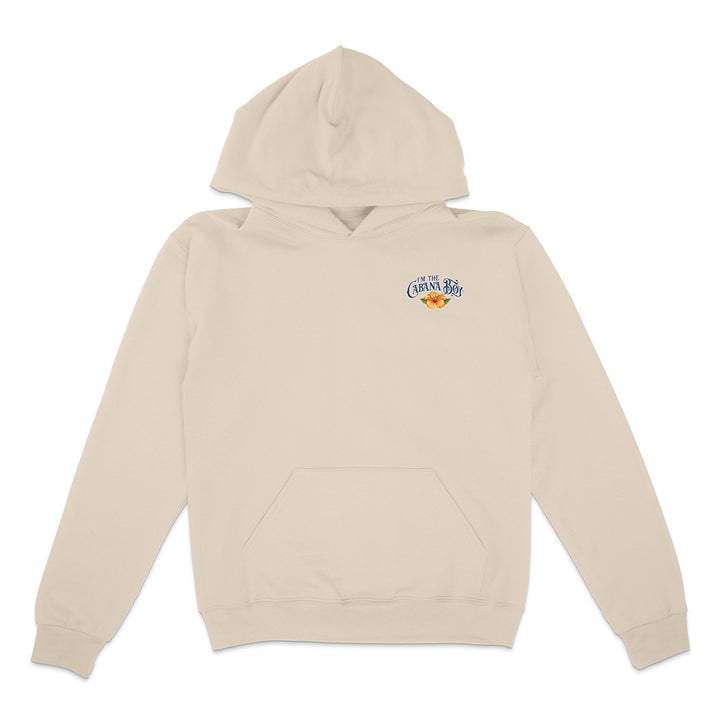 Beige hoodie with a logo on the chest against a white background