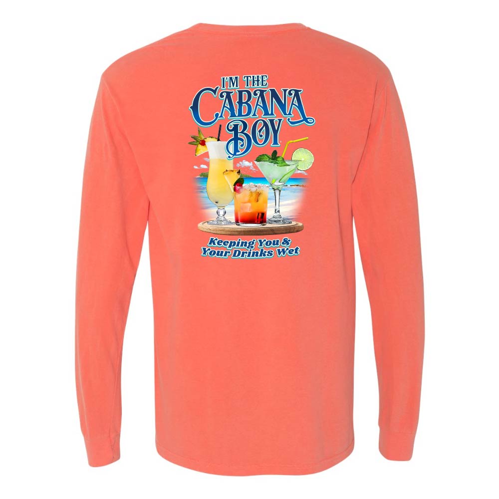Light orange/red long-sleeve shirt with a graphic of drinks on a beach and text reading "I'm The Cabana Boy Keeping You & Your Drinks Wet".