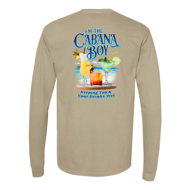 Khaki long-sleeve shirt with a graphic of drinks on a beach and text reading "I'm The Cabana Boy Keeping You & Your Drinks Wet".