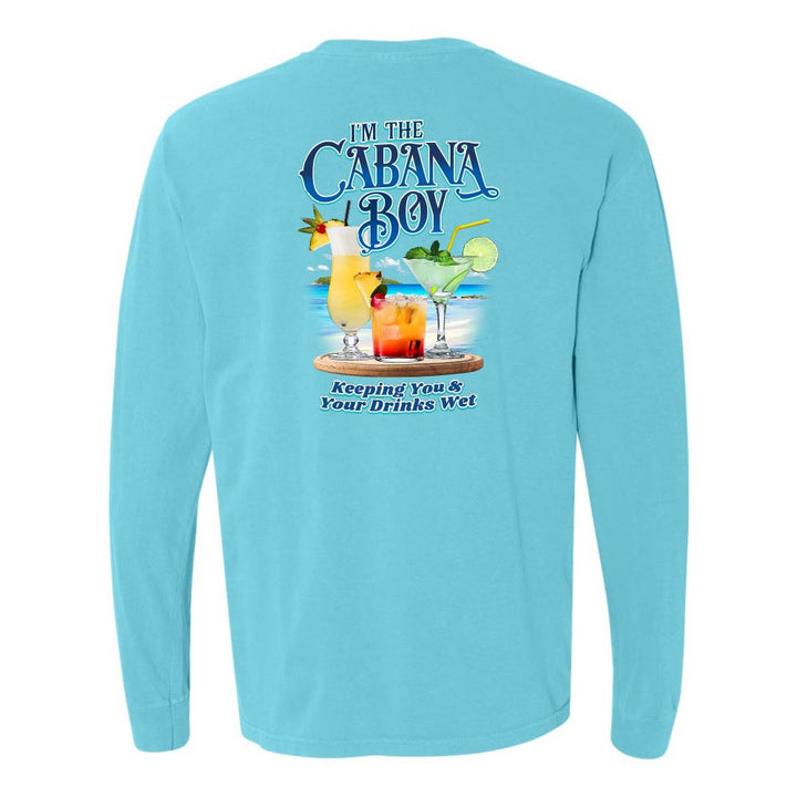 Blue long-sleeve shirt with a graphic of drinks on a beach and text reading "I'm The Cabana Boy Keeping You & Your Drinks Wet".