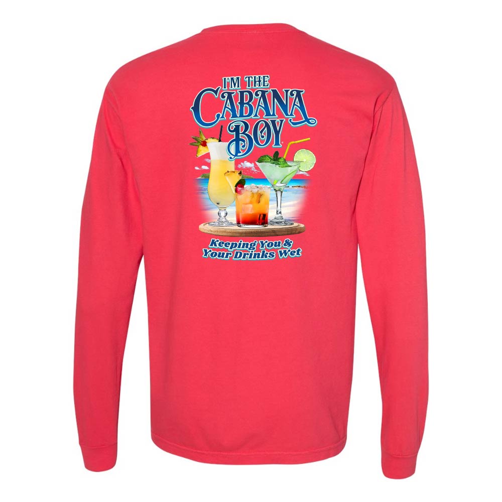 Red long-sleeve shirt with a graphic of drinks on a beach and text reading "I'm The Cabana Boy Keeping You & Your Drinks Wet".