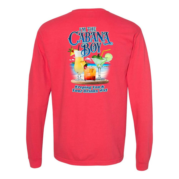 Red long-sleeve shirt with a graphic of drinks on a beach and text reading "I'm The Cabana Boy Keeping You & Your Drinks Wet".