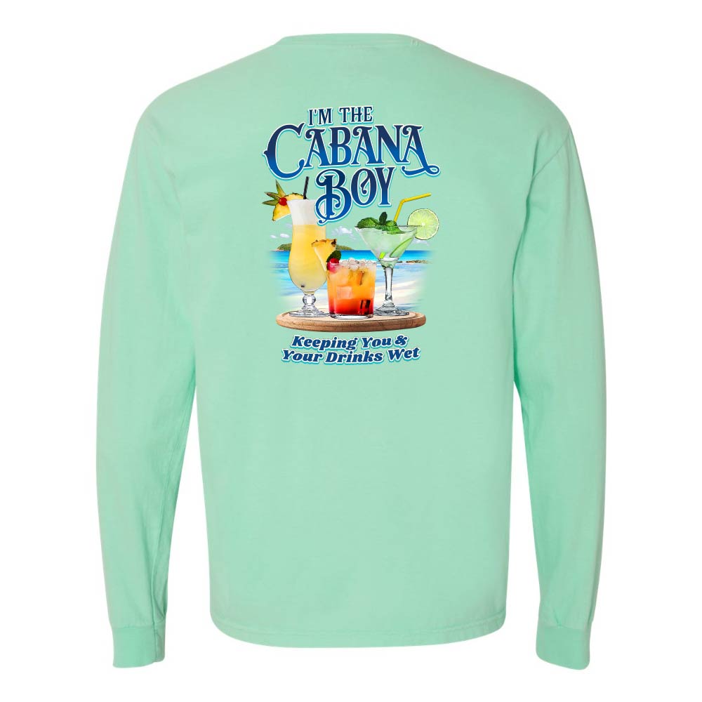 Mint green long-sleeve shirt with a graphic of drinks on a beach and text reading "I'm The Cabana Boy Keeping You & Your Drinks Wet".