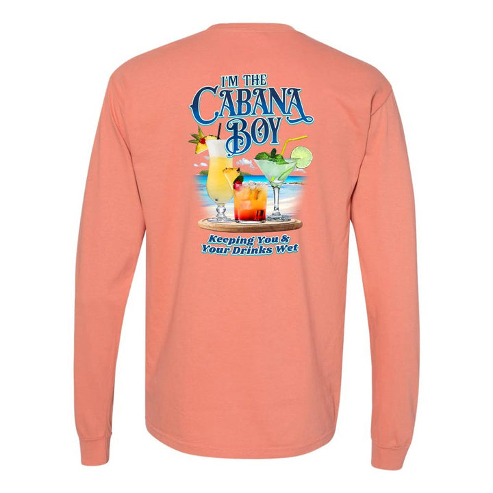 Light orange long-sleeve shirt with a graphic of drinks on a beach and text reading "I'm The Cabana Boy Keeping You & Your Drinks Wet".