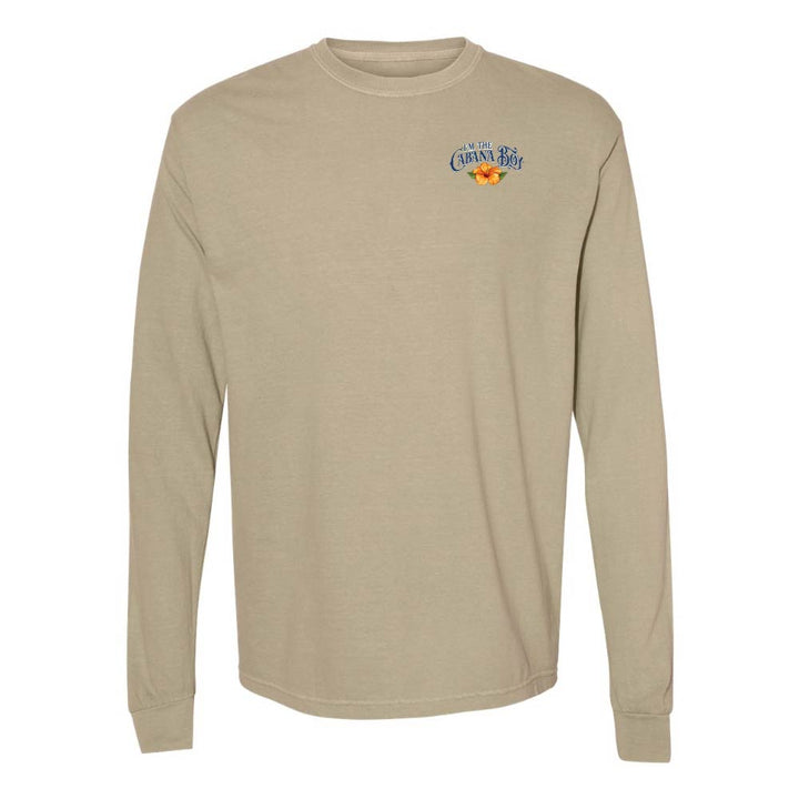 Khaki Longsleeve T-Shirt with graphic and text on left chest reading "I'm The Cabana Boy"