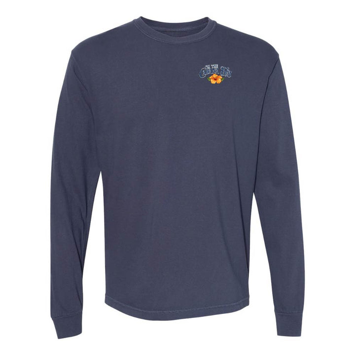 Navy long-sleeve shirt with a logo on the chest against a white background