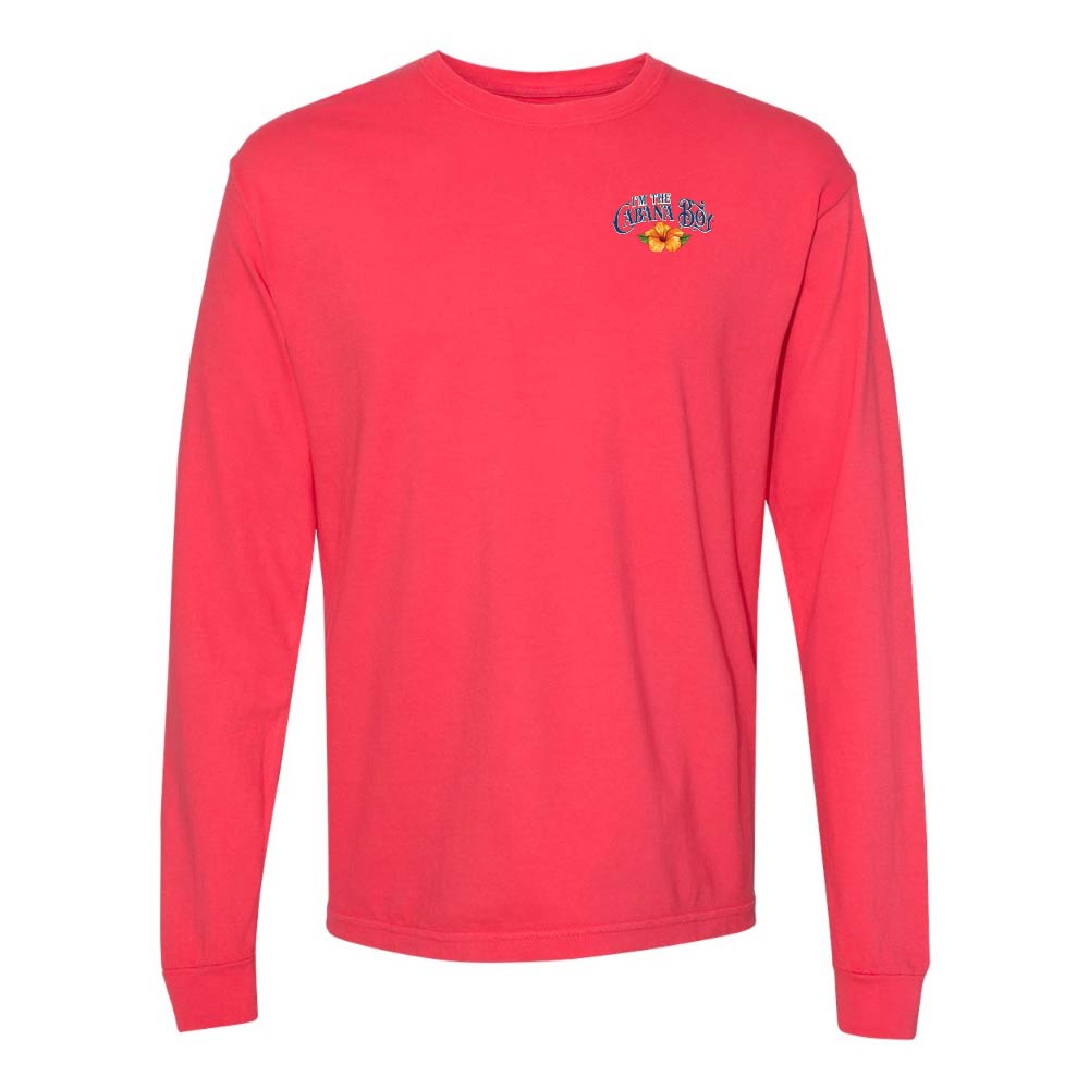 Red Longsleeve T-Shirt with graphic and text on left chest reading "I'm The Cabana Boy"