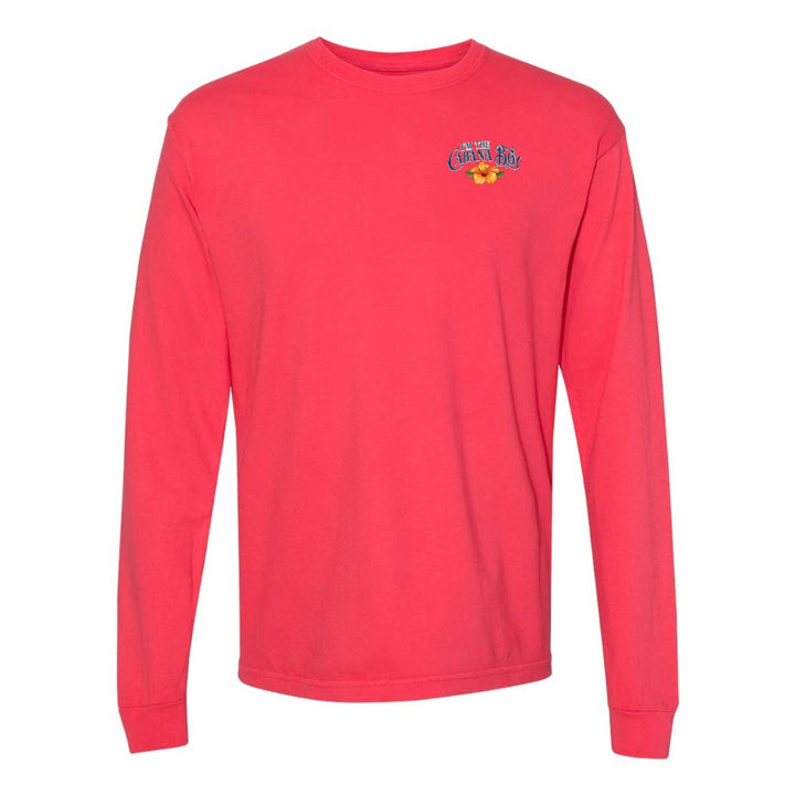 Red Longsleeve T-Shirt with graphic and text on left chest reading "I'm The Cabana Boy"