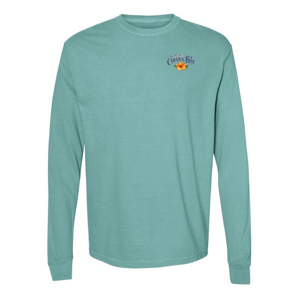 Teal Longsleeve T-Shirt with graphic and text on left chest reading "I'm The Cabana Boy"
