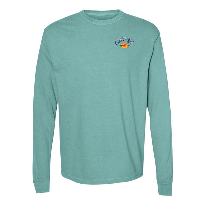 Teal Longsleeve T-Shirt with graphic and text on left chest reading "I'm The Cabana Boy"