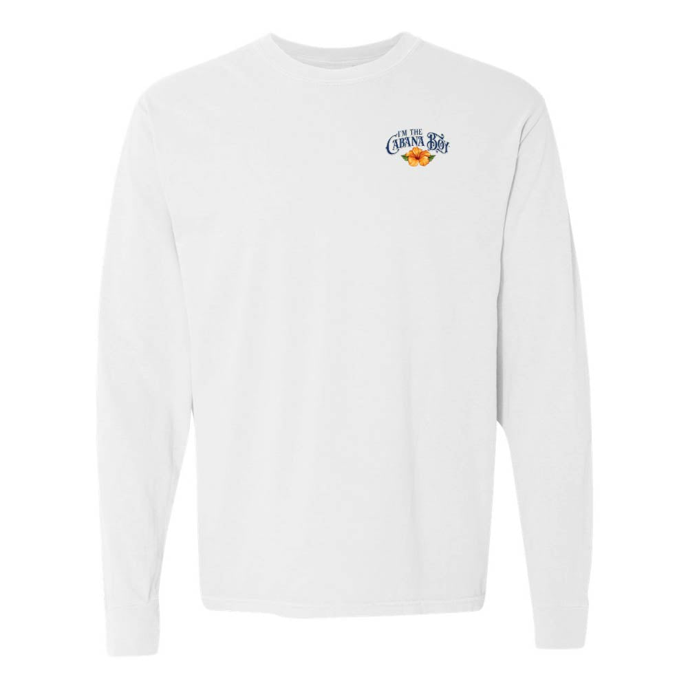 White Longsleeve T-Shirt with graphic and text on left chest reading "I'm The Cabana Boy"