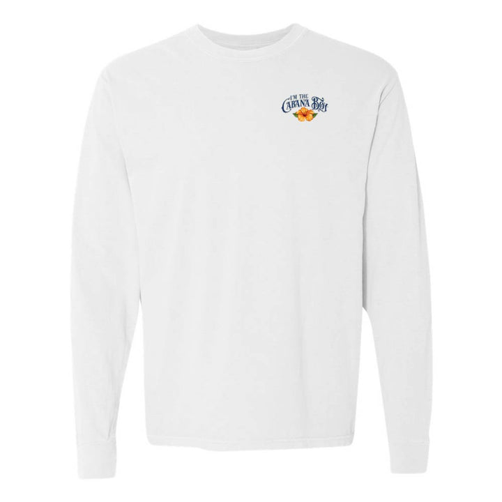 White Longsleeve T-Shirt with graphic and text on left chest reading "I'm The Cabana Boy"