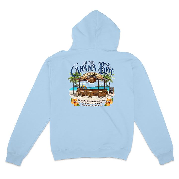 Light blue hoodie with a tropical-themed graphic on the back, featuring text and images of a beach bar.