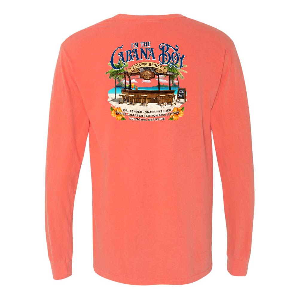 Light orange/red Longsleeve T-Shirt with beach bar graphic and text reading "I'm The Cabana Boy - Bartender - Snack Fetcher - Towel Grabber - Lotion Application - Personal Services".