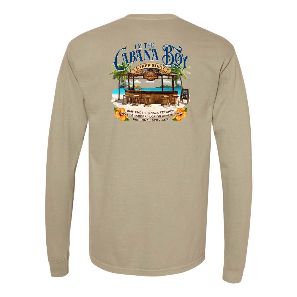 Khaki Longsleeve T-Shirt with beach bar graphic and text reading "I'm The Cabana Boy - Bartender - Snack Fetcher - Towel Grabber - Lotion Application - Personal Services".