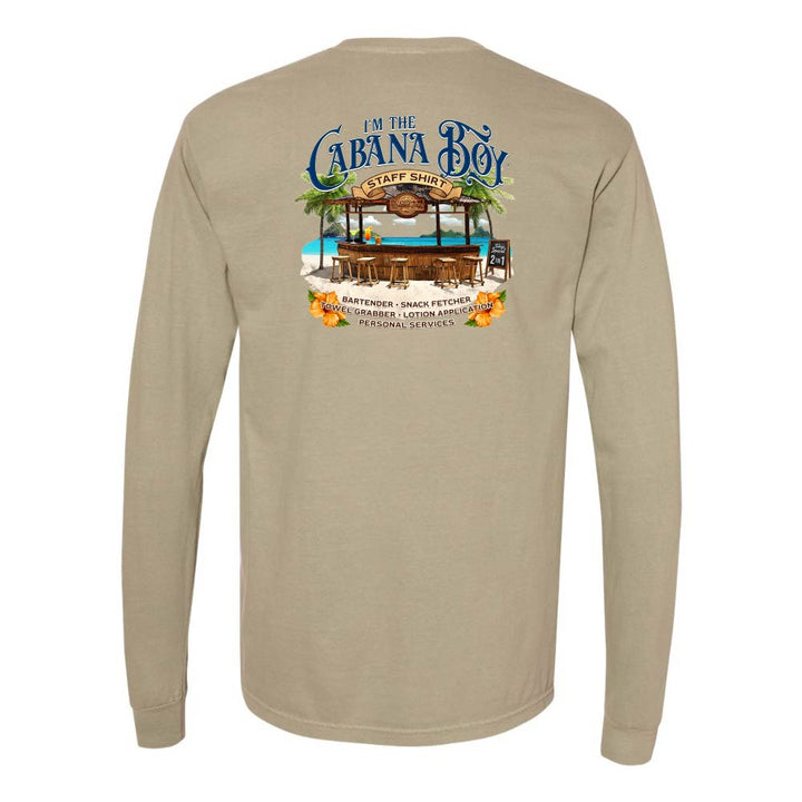 Khaki Longsleeve T-Shirt with beach bar graphic and text reading "I'm The Cabana Boy - Bartender - Snack Fetcher - Towel Grabber - Lotion Application - Personal Services".