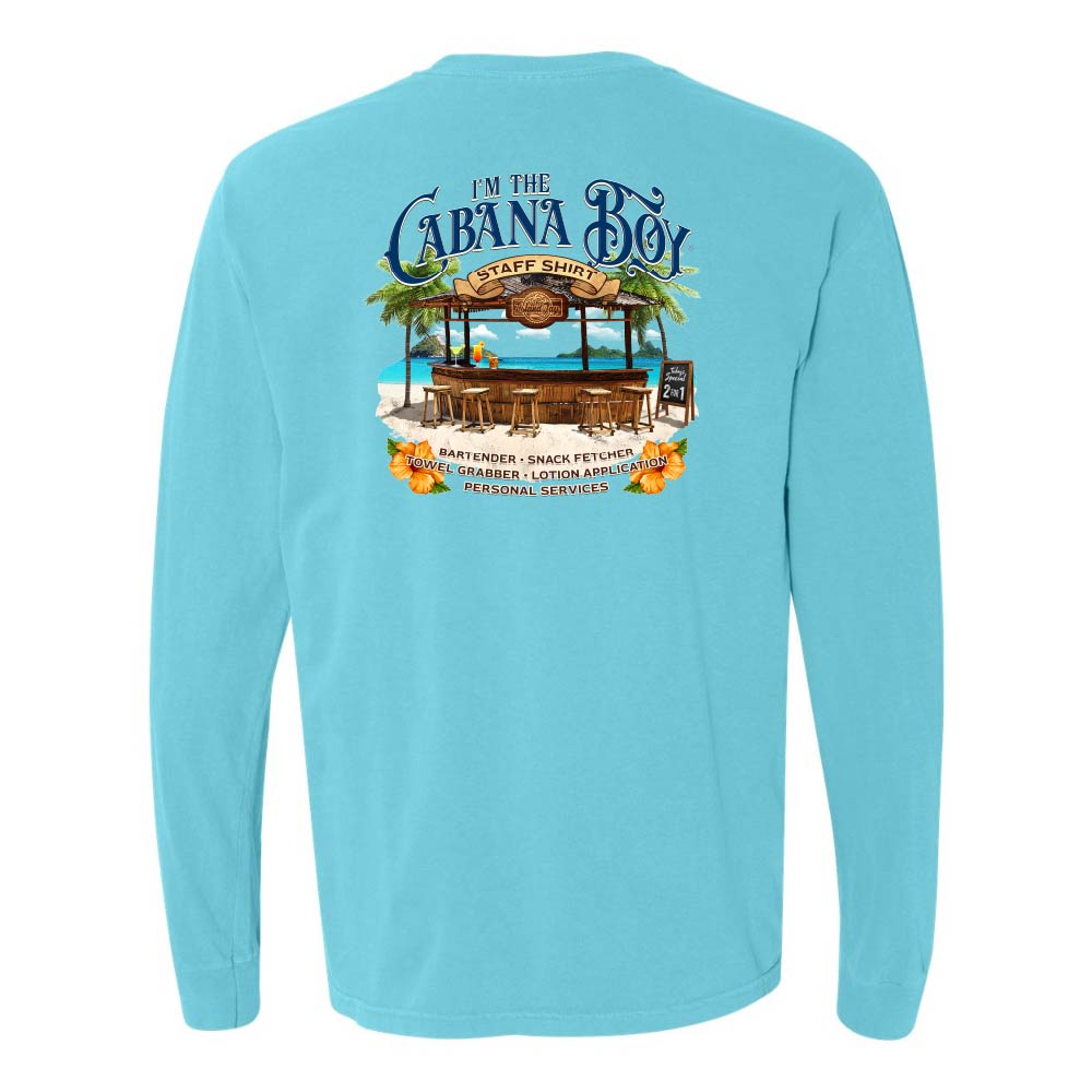Blue Longsleeve T-Shirt with beach bar graphic and text reading "I'm The Cabana Boy - Bartender - Snack Fetcher - Towel Grabber - Lotion Application - Personal Services".