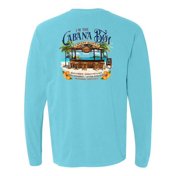 Blue Longsleeve T-Shirt with beach bar graphic and text reading "I'm The Cabana Boy - Bartender - Snack Fetcher - Towel Grabber - Lotion Application - Personal Services".