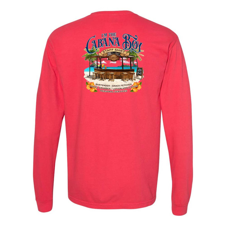 Red Longsleeve T-Shirt with beach bar graphic and text reading "I'm The Cabana Boy - Bartender - Snack Fetcher - Towel Grabber - Lotion Application - Personal Services".