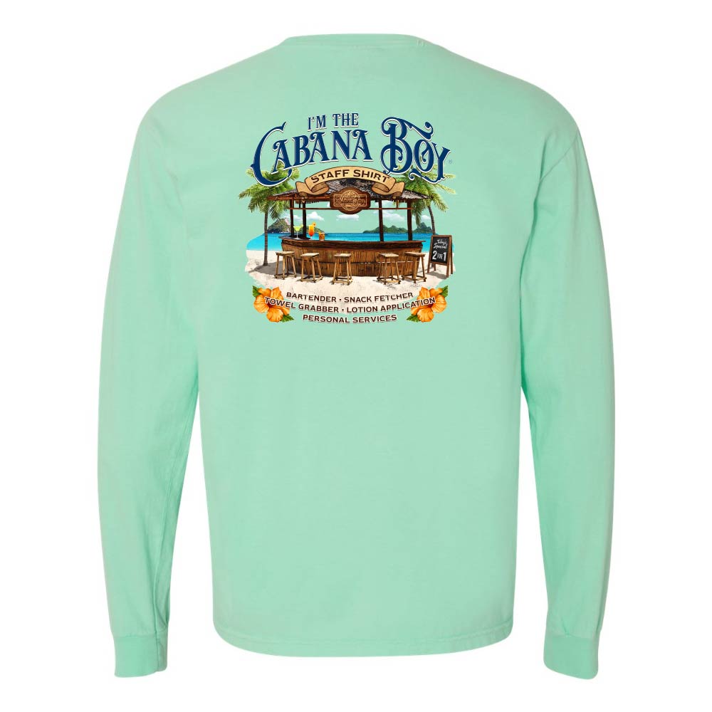 Light green Longsleeve T-Shirt with beach bar graphic and text reading "I'm The Cabana Boy - Bartender - Snack Fetcher - Towel Grabber - Lotion Application - Personal Services".