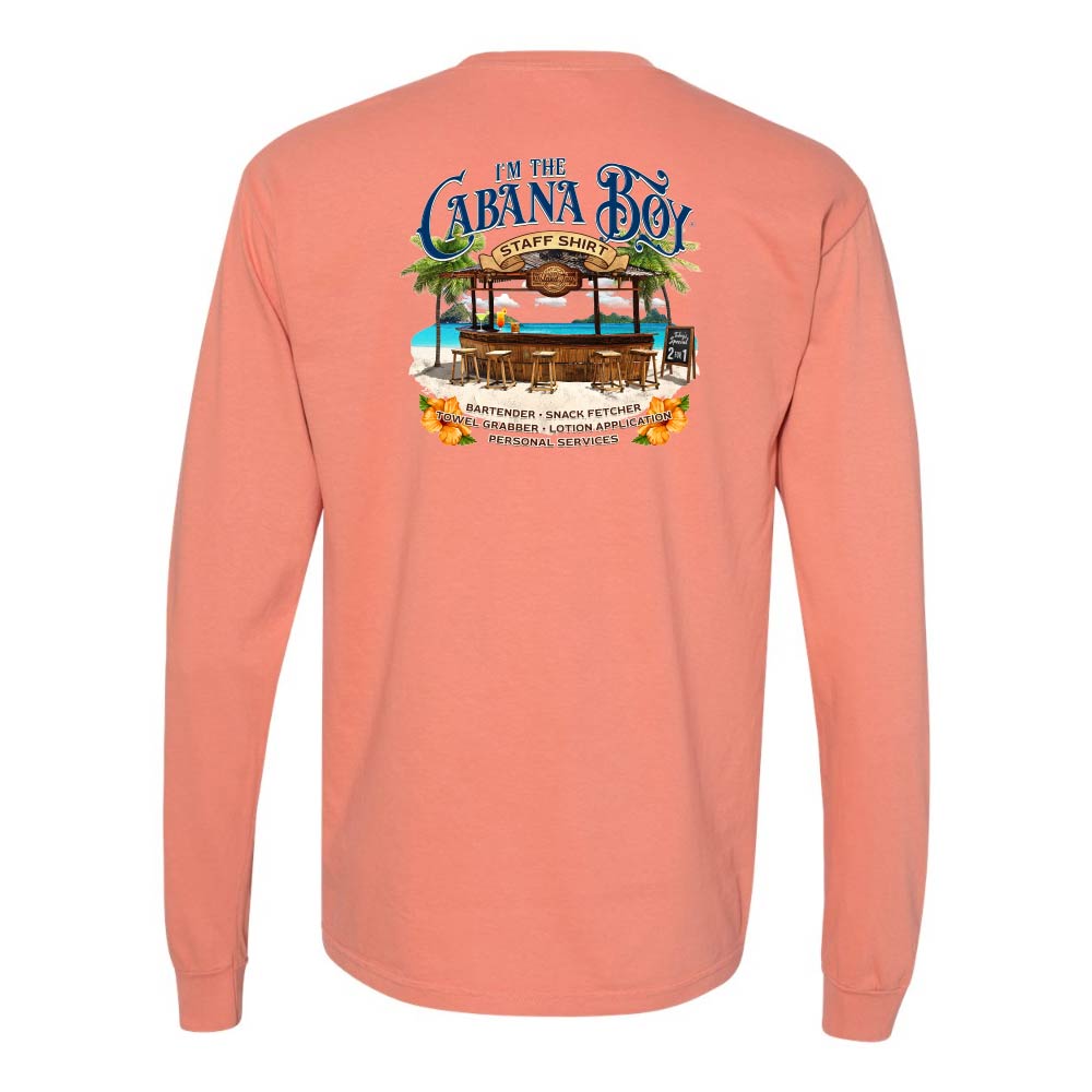 Light orange Longsleeve T-Shirt with beach bar graphic and text reading "I'm The Cabana Boy - Bartender - Snack Fetcher - Towel Grabber - Lotion Application - Personal Services".