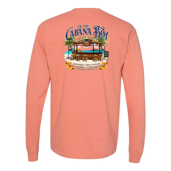 Light orange Longsleeve T-Shirt with beach bar graphic and text reading "I'm The Cabana Boy - Bartender - Snack Fetcher - Towel Grabber - Lotion Application - Personal Services".