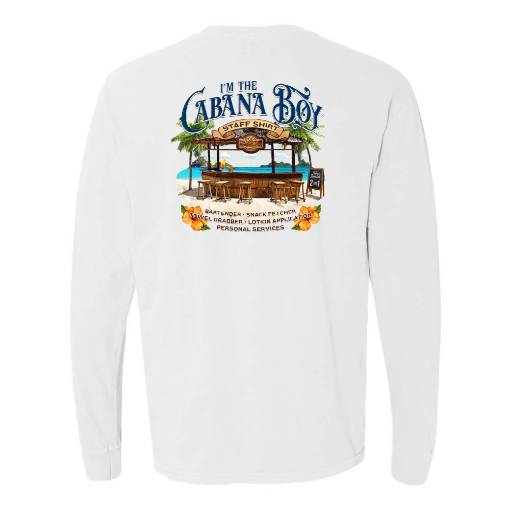 White Longsleeve T-Shirt with beach bar graphic and text reading "I'm The Cabana Boy - Bartender - Snack Fetcher - Towel Grabber - Lotion Application - Personal Services".