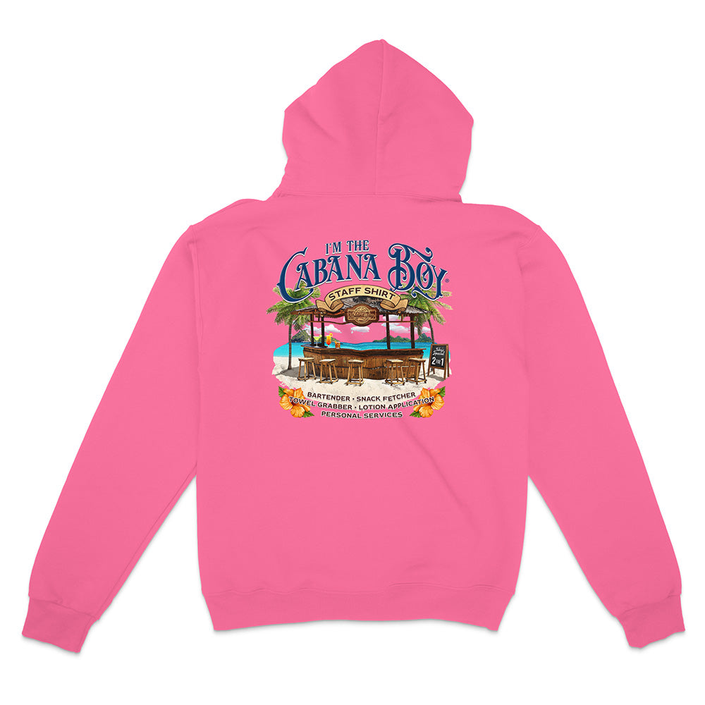 Pink hoodie with a graphic design on the back featuring text and a beach scene.