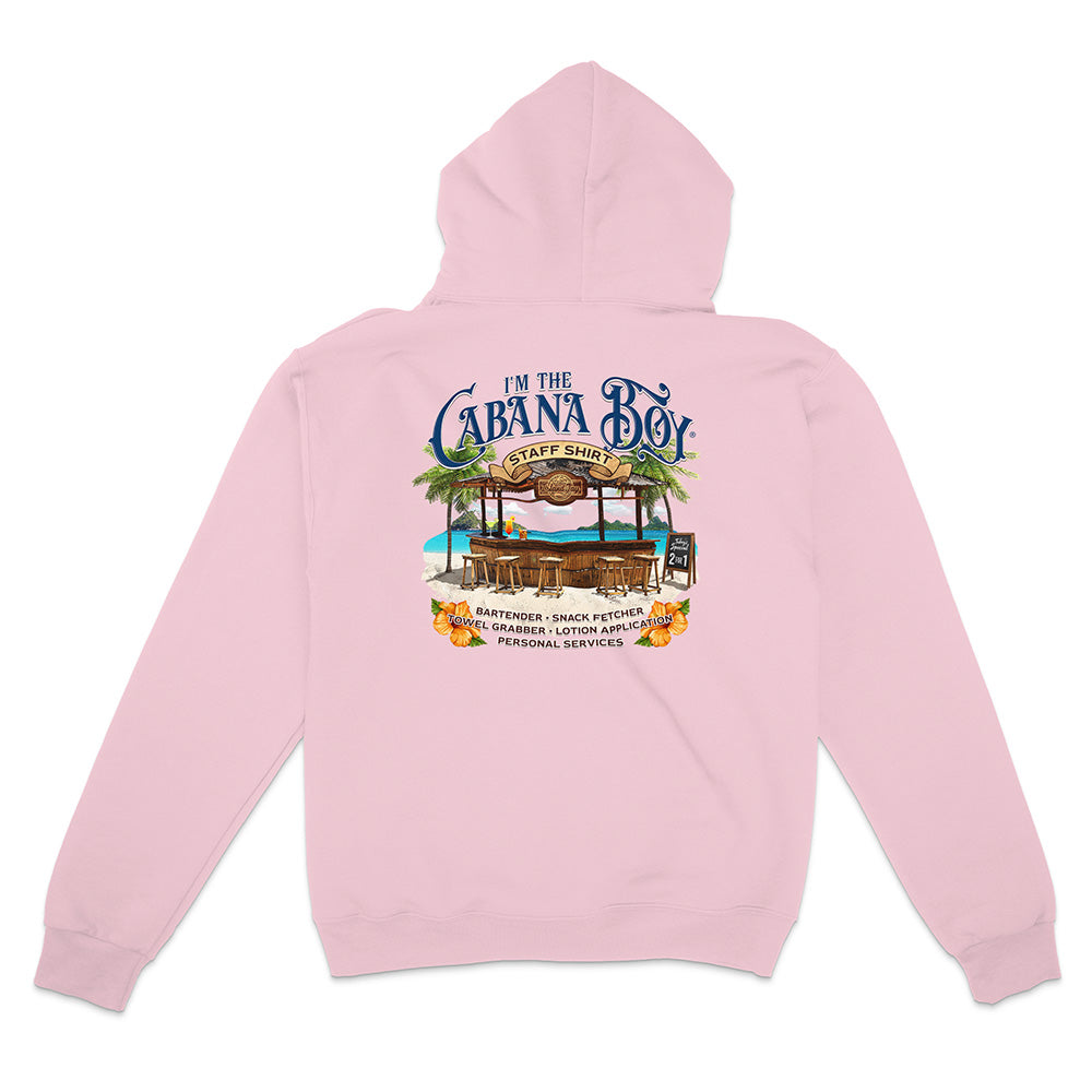 Pink hoodie with a graphic design on the back featuring text and a bar scene.