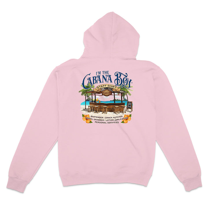 Pink hoodie with a graphic design on the back featuring text and a bar scene.