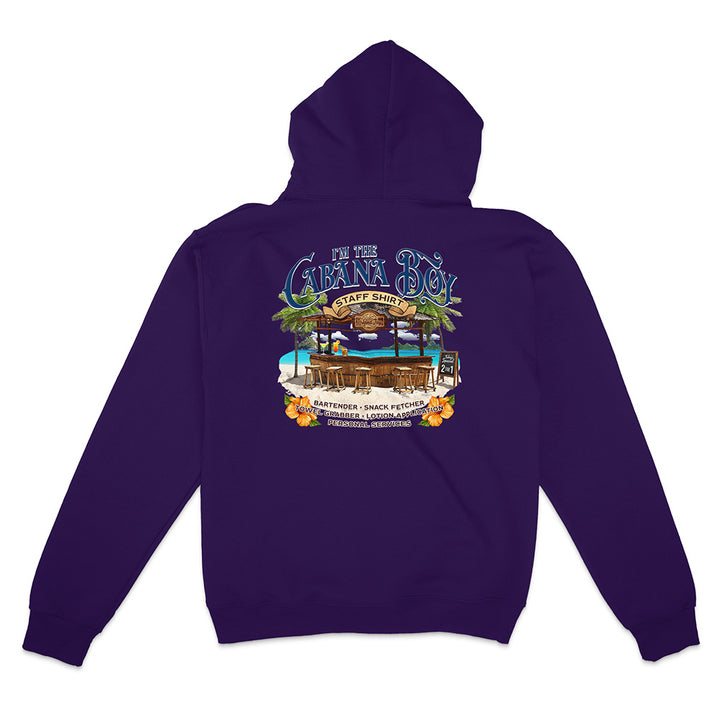 Purple hoodie with a colorful graphic on the back against a white background